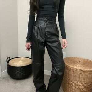 80s 90s vintage black leather high waisted rise minimalist straight leg pants
